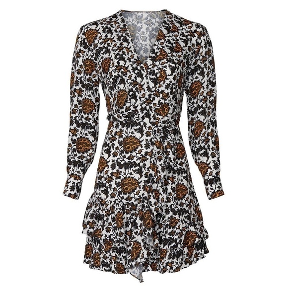 SANDRO Floral Print Long Sleeve V-Neck Faux Wrap Tiered Ruffle Mini Dress 6 - Picture 14 of 16